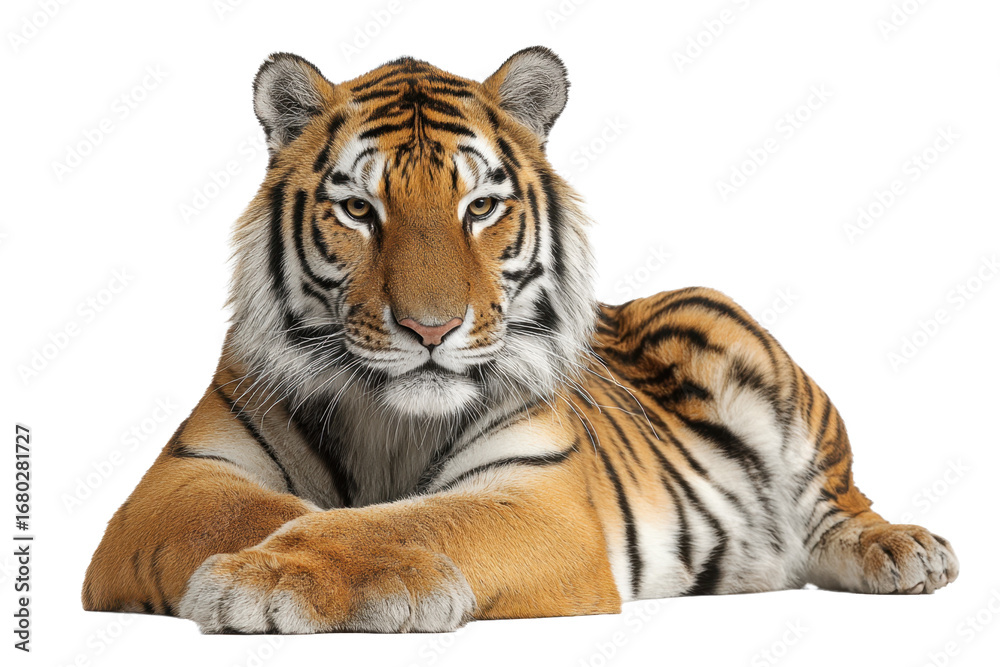 Fototapeta premium Lying Bengal Tiger Portrait on Transparent Background