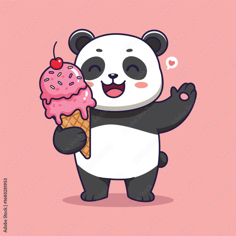 Naklejka premium Cute panda enjoying ice cream with a cherry on top. vector illustration