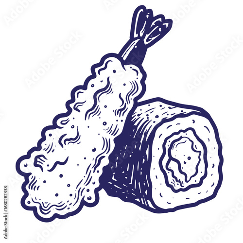 Hand drawn illustration of tempura and sushi roll representing japanese cuisine