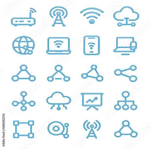 Network technology icons blue outline vector