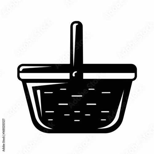 A clean and simple black and white icon of a basket, perfect for a wide range of design applications. This minimalist silhouette captures the essence of a traditional woven basket