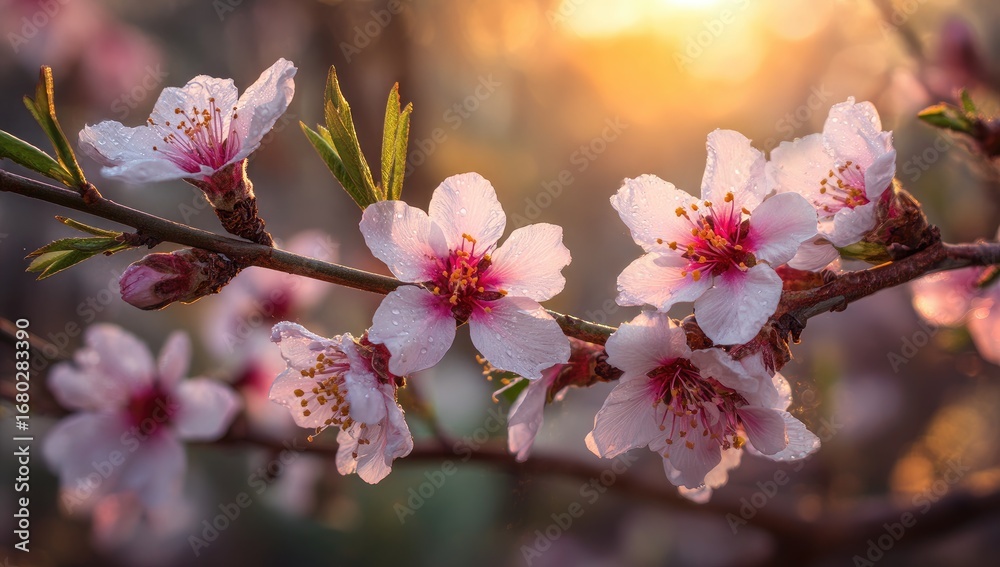 Obraz premium Delicate pink blossoms on a branch bathed in golden sunrise light