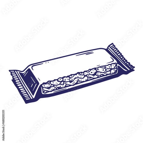 Hand drawn ink illustration of a wrapped chocolate candy bar isolated on white background
