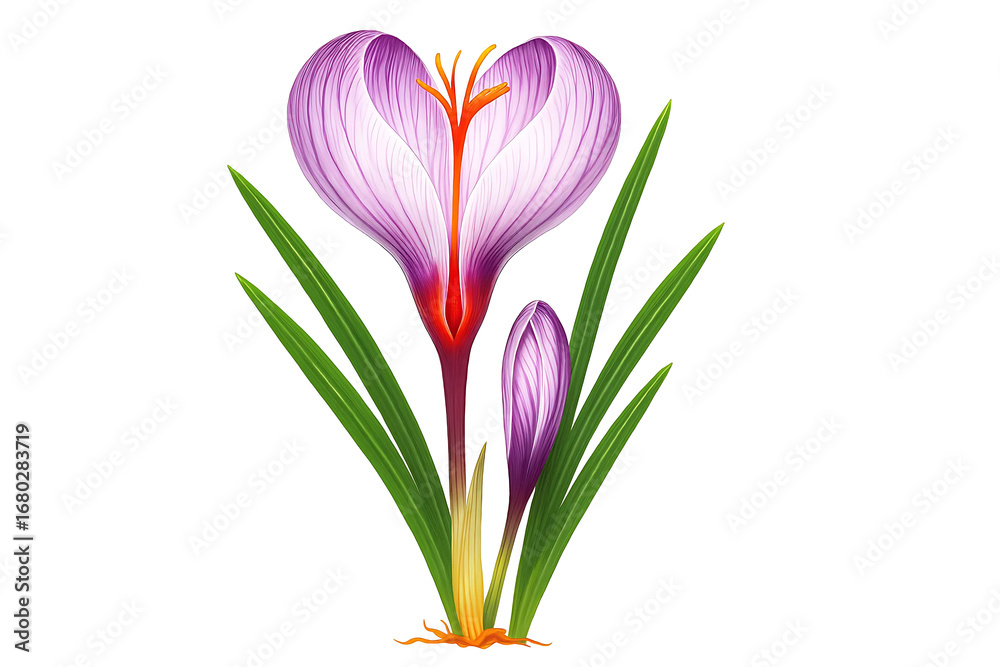 Naklejka premium Blooming saffron crocus flowers with visible red stigmas, isolated on a white background 