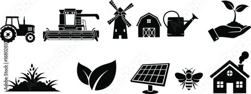 Sustainable farming icons including tractor, harvester, windmill, barn, watering can, sprout, leaves, solar panel, bee, house, agriculture symbols