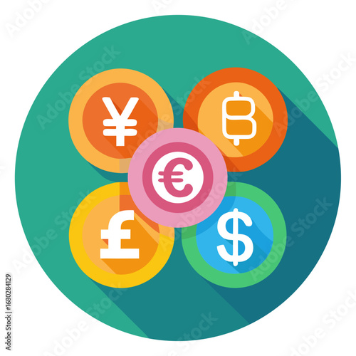 A clean flat-style vector set of global currency symbols (dollar, euro, pound, yen, rupee, bitcoin) inside colorful round icons.