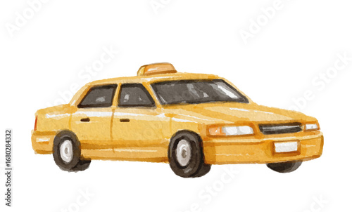 Watercolor yellow taxi isolated on white background