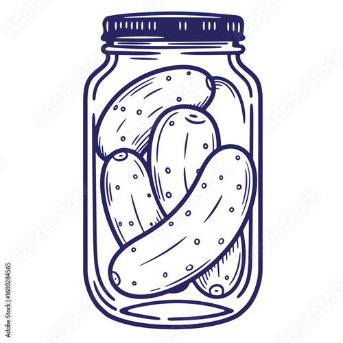 Hand drawn outline illustration of jar filled with fresh and tasty pickles.