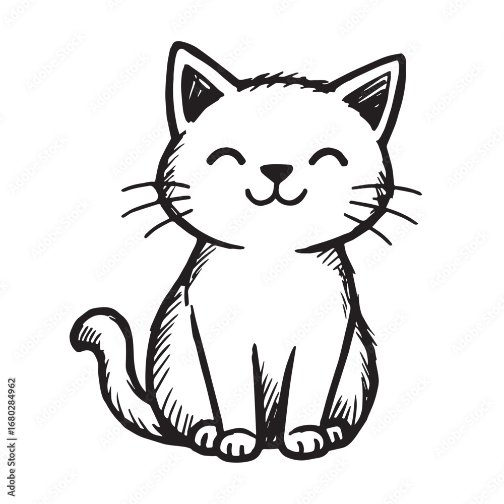 Obraz premium Cat Doodle Black and White Illustration Vector Image Cute Kitten Sketch Line Art Drawing Silhouette