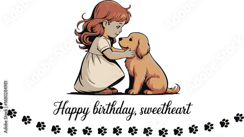 Little girl and golden retriever puppy share a tender birthday moment