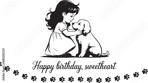 Little girl and golden retriever puppy share a tender birthday moment