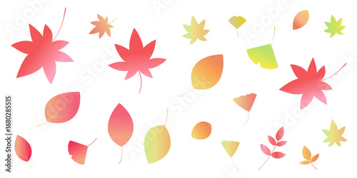 紅葉する葉っぱのイラストセット　アイコン　紅葉　青もみじ　イチョウ