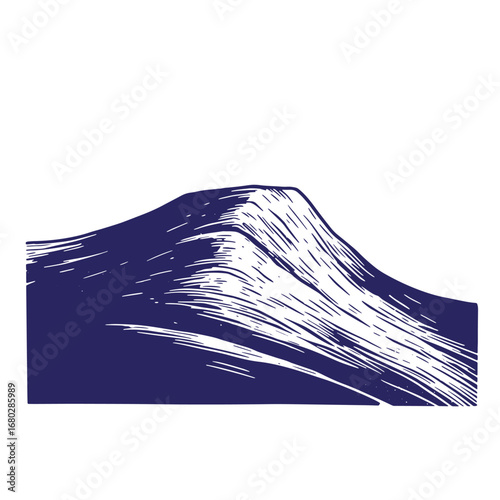 Hand-drawn illustration of a mountain peak with a graphic ink style and white background.