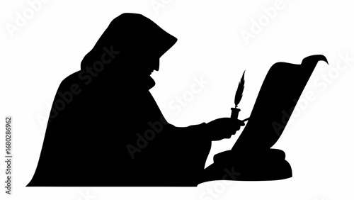 Silhouette of a hooded figure writing on a scroll with a quill pen in black and white illustration
