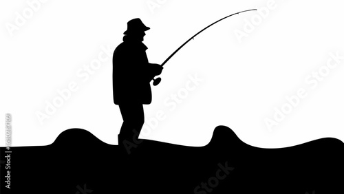 Silhouette of a fisherman in a hat and jacket standing in water holding a fishing rod extended outward