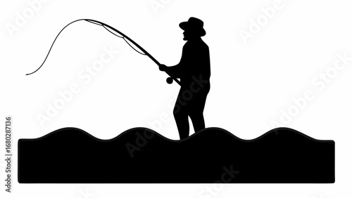 Silhouette of a fisherman wearing a hat standing in water casting a fishing rod with a curved line out far