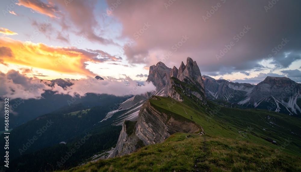 Naklejka premium Dramatic sunset hues paint the sky above a majestic mountain range, partially shrouded in clouds