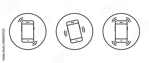 Mobile phone vibration icon set in circular outline. Smartphone ringing and shake symbol. Cellphone call and notification alert concept