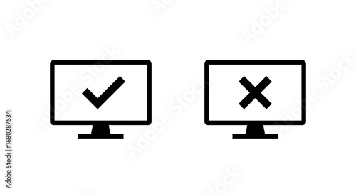 Computer monitor with check mark and cross icon. System validation and error notification symbol