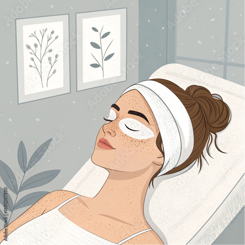Serene spa portrait of young woman resting with eye mask