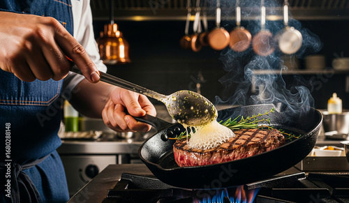 A close-up of a professional chef's hands basting a thick, perfectly seared steak with foaming butter and herbs in a hot pan.