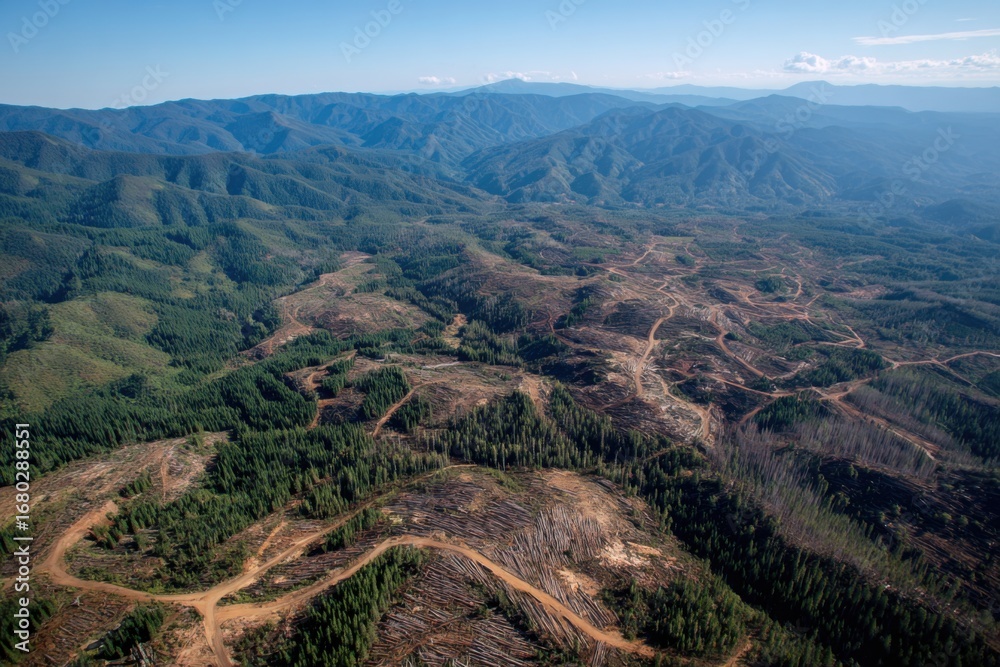 Fototapeta premium Aerial View of Deforested Mountains with Renewable Forestry Land