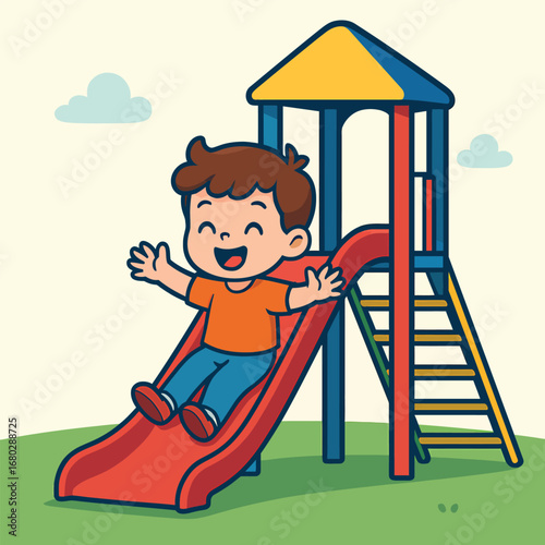 Child sliding down playground slide, flat 2D cartoon vector illustration