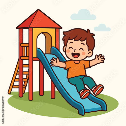 Happy child on colorful slide in playground, cute flat cartoon design