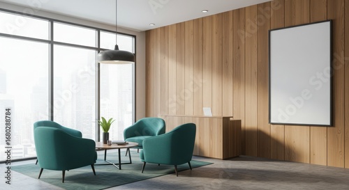 Modern waiting area with teal armchairs and wood paneled walls