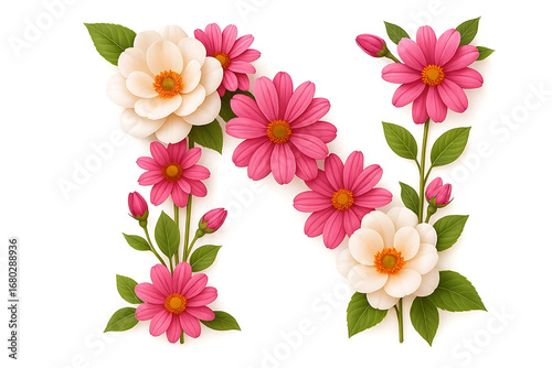 Intertwined flowers letter “N”, realist precision, high saturation, beautiful, inspiring, isolated, flat white background