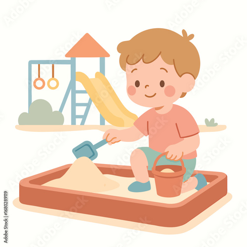 Child on swing with sand ground, 2D cartoon vector