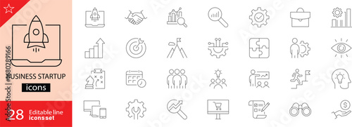 Startup business icons set. Includes icons for innovation, strategy, pitch, funding, growth, team, vision, and entrepreneurship. Line icons. Editable stroke. Perfect for infographics.