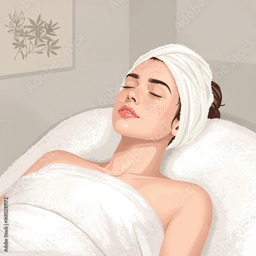 Vector illustration of young woman relaxing in tranquil spa interior
