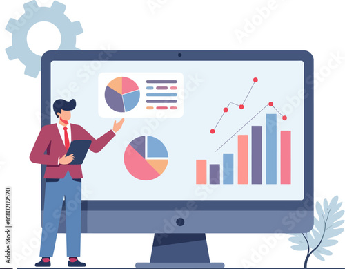 Businessman in a suit giving a presentation with data charts and graphs on a large screen