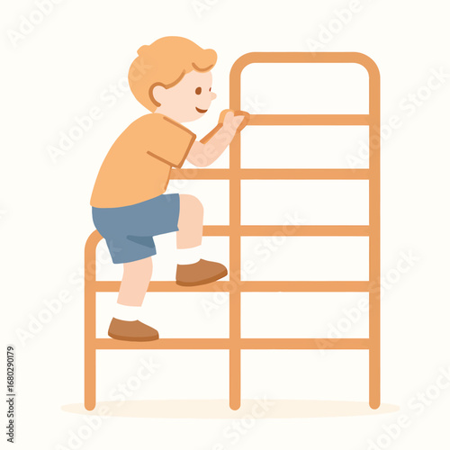Happy child hanging on jungle gym bars, cute flat cartoon design
