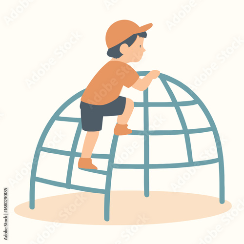Boy climbing ladder of jungle gym, pastel 2D flat cartoon illustration