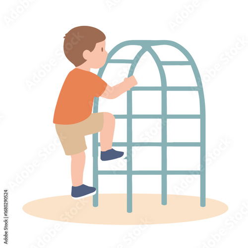 Child exploring jungle gym playground, flat pastel cartoon vector