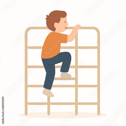 Child standing on top of climbing frame, flat cartoon vector illustration