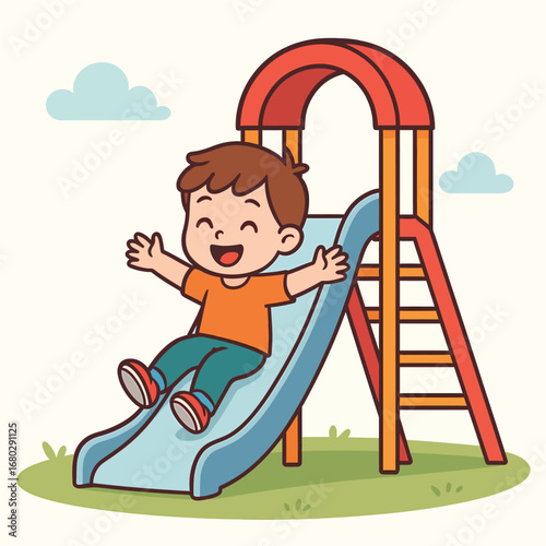 Child going down tube slide in playground, cute flat vector illustration