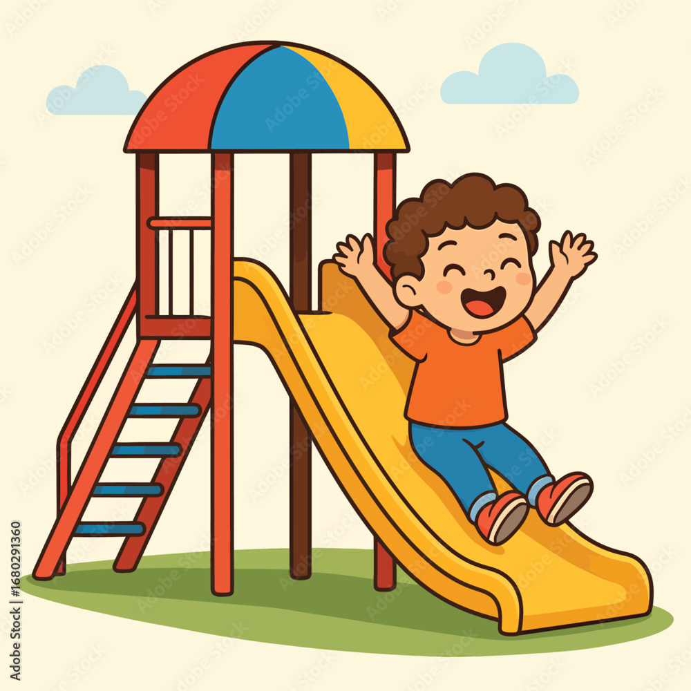 Obraz premium Child raising hands while sliding on playground, flat cartoon design