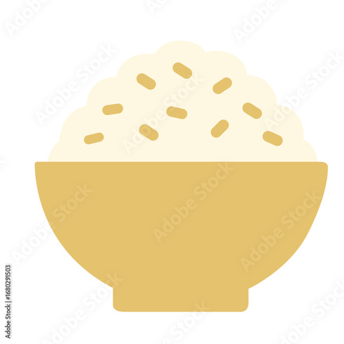 Bowl filled with cooked rice grains, healthy staple food illustration isolated on white background for food design.

