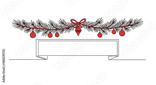 Festive Christmas Garland and Ribbon: A minimalist illustration showcases a Christmas garland adorned with red baubles and a ribbon, ready for a custom message, bringing a touch of holiday cheer.