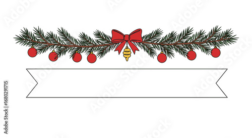Festive Banner: A meticulously designed banner with holiday cheer, showcasing evergreen sprigs adorned with vibrant ornaments and a cheerful bow, accompanied by a clean.
