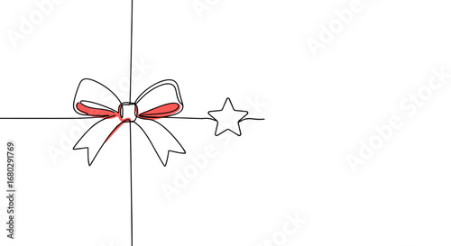 Gift Bow and Star: A simple line art illustration of a present adorned with a delicate bow and a twinkling star, suggesting anticipation and the joy of giving.