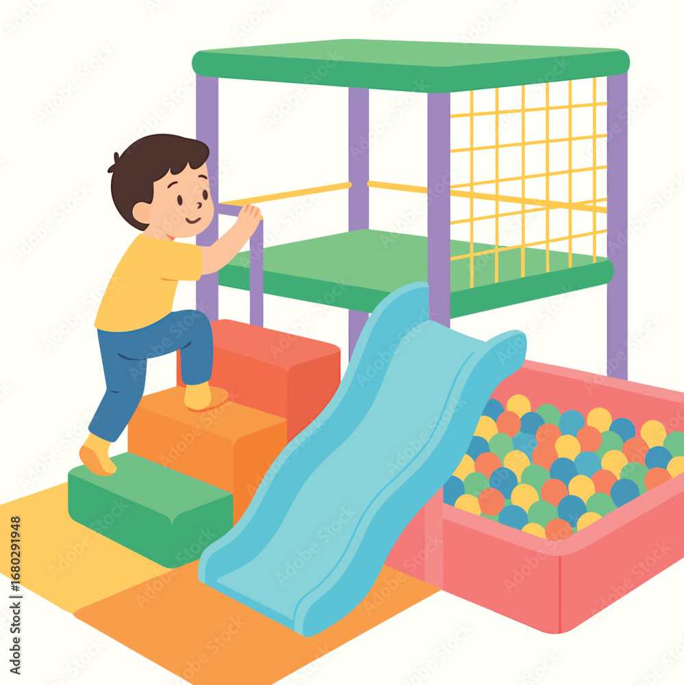 Fototapeta premium Toddler exploring indoor playground area, flat 2D pastel cartoon