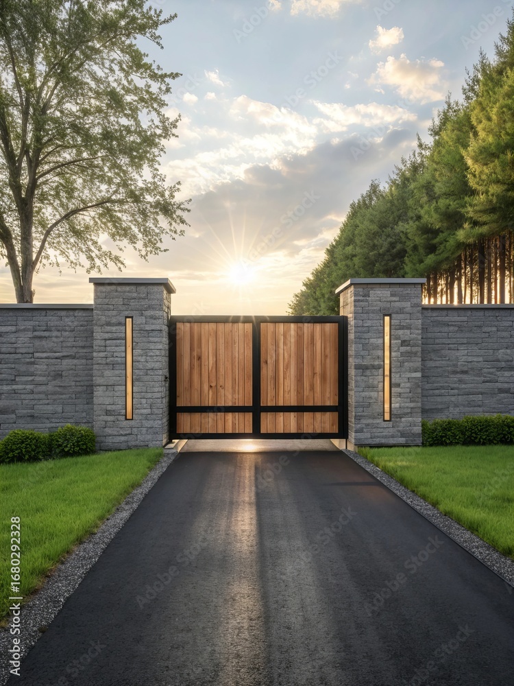 Fototapeta premium Modern wooden security gate framed by sleek stone walls, bordered by a road and lush green grass, serene atmosphere