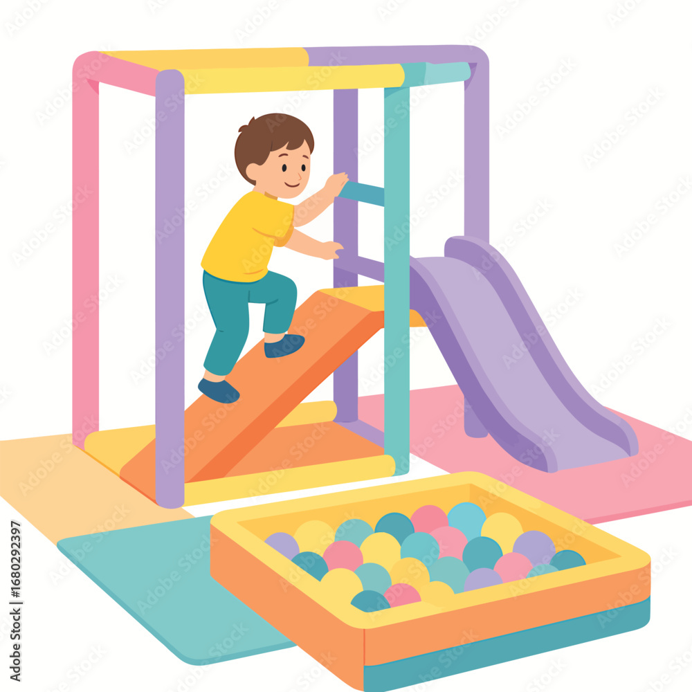 Naklejka premium Toddler playing on small indoor slide, flat 2D pastel cartoon style