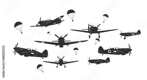 Vintage Aircraft Silhouette Collection Featuring Historical Warplanes and Parachutes for Aviation Enthusiasts and Historical Illustrations