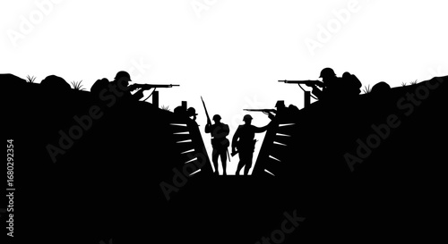 Silhouette Illustration of Soldiers in Trench Warfare, Evoking Historical Conflict and Commemoration for Memorials and Educational Resources.