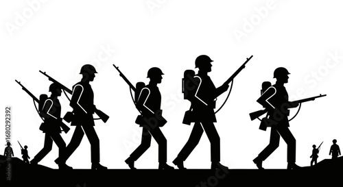 Silhouette of Soldiers Marching in Formation Symbolizing Military Strength and Historical Conflicts for Educational Resources and Commemorative Designs